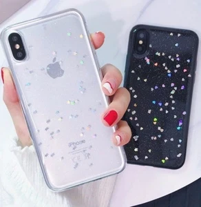 iPhone X / XS / 10S - Ultra Thin TPU Rubber Gummy Case Cover Glitter Stars Heart - Picture 1 of 7