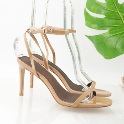 Sandália Jeffrey Campbell Feminina Exposta Tamanho 10 Nude Bronzeado Patente Tira no Tornozelo Salto - Imagem 1 de 4