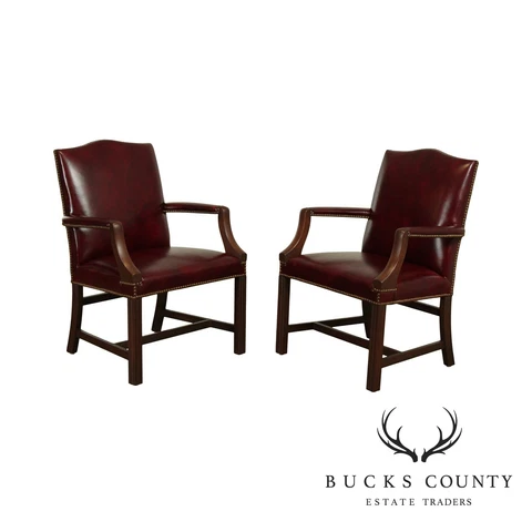 Chippendale Style  Leather Pair of Mahogany Oxblood Leather Armchairs Cover