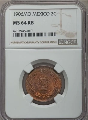 MEXICO ESTADOS UNIDOS 1906  2 CENTAVOS COIN CERTIFIED UNCIRCULATED NGC MS64-RB - Image 1 of 4