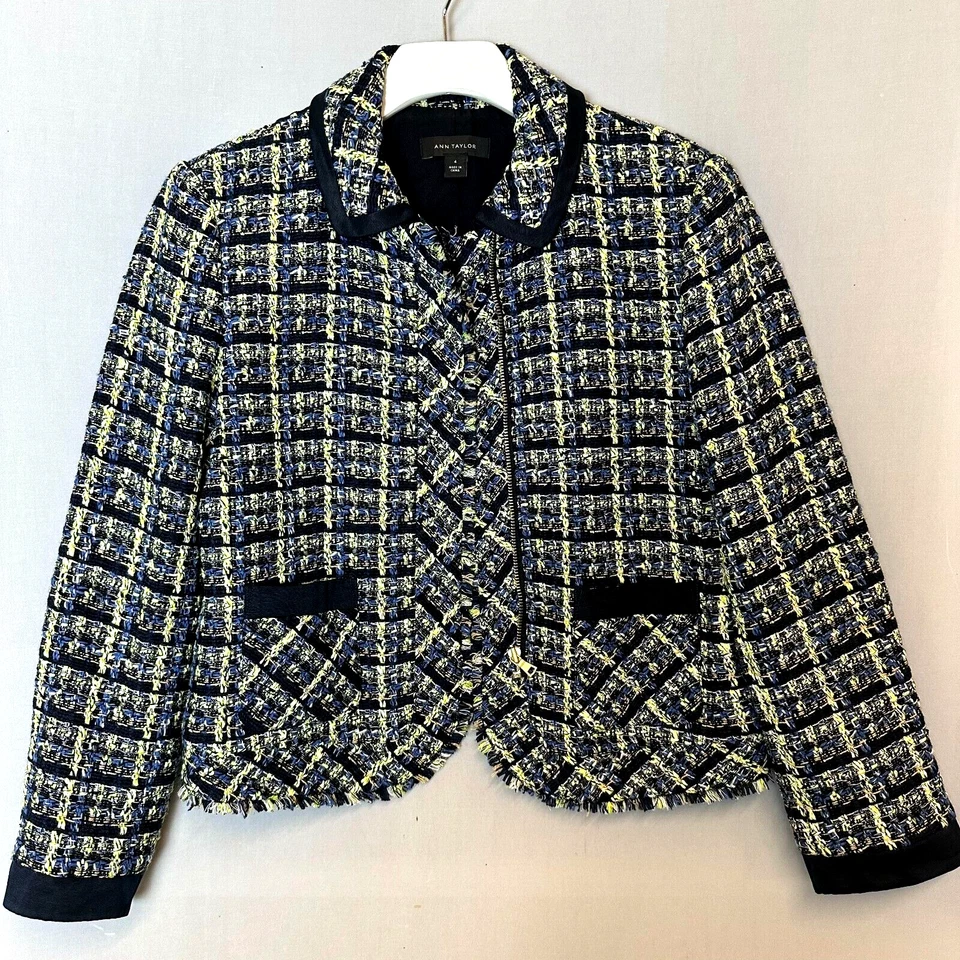 Chaqueta Ann Taylor Mujer 4 Azul Verde Blazer Ropa de Trabajo Tweed Manga Larga Foto 1 de 4