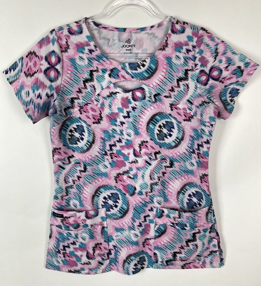Jockey Scrub Top Women's Size S Pink Blue Pockets Cut Out 2289 Medical Nursing - Image 1 of 4