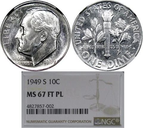 1949-S 10C NGC MS67 FT PL ROOSEVELT DIME ~ RARE KEY & SINGLE FINEST KNOWN! Cover