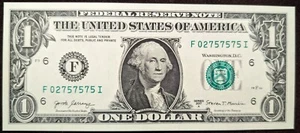 6 Digit Binary Repeater Serial Number 02757575 Uncirculated One Dollar Bill X70 - Picture 1 of 2