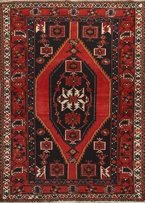 Vintage Tribal Hamedan Hand-knotted 4'x7' Area Rug Geometric Wool Foyer Carpet - Image 1 of 4