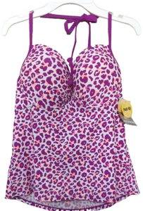 Joe Boxer Women's Tankini XL Halter Push Up Adjustable Straps Berry Animal Print - Picture 1 of 11