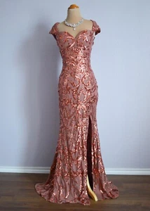 ROSY BROWN Long Formal Prom Pageant Sequin Evening Wedding Gown Dress L 8/10 - Picture 1 of 16