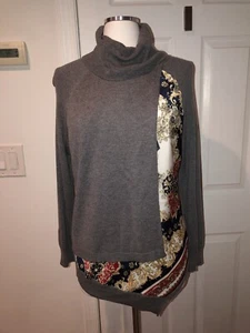NWT Katherine Barklay gray knit silk front asymmetrical hem turtleneck sweater L - Picture 1 of 12