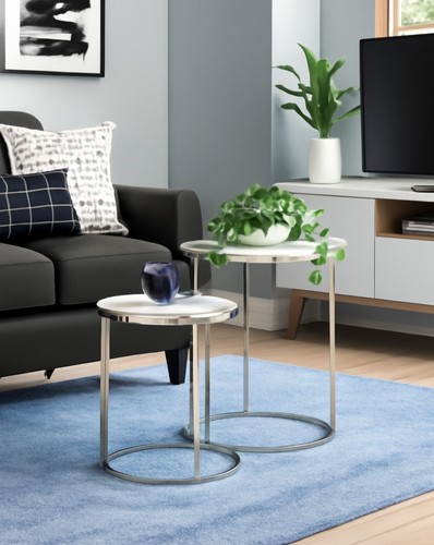 Paloma Set of 2 Round Nesting Table, Glossy White Tops and Chrome Base-WNT11W
