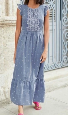 Boden Blue Chambray Lucinda Eyelet Midi Dress Size 12 Large 100% Cotton - Image 1 of 4