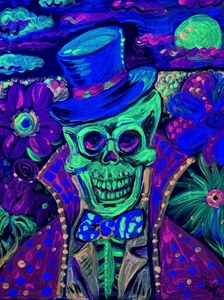 Psychedelic Skeleton Original Black Light Paint Neon Halloween MBollen Artist - Foto 1 di 8
