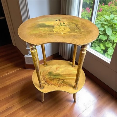 Antigua mesa con forma de riñón Vernis Martin - pintada a mano - dorada - 2 niveles - siglo XIX Foto 1 de 4