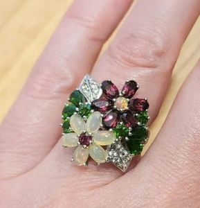 Ethiopian Opal, Rhodilite, Chrome Diopside Rhodium Over Silver Flower Ring Sz 5 - Picture 1 of 9
