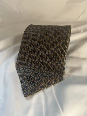 Van Heusen Gold/Blue Rectangle/Check Pattern 100% Silk Tie 59"x4" - Image 1 of 4