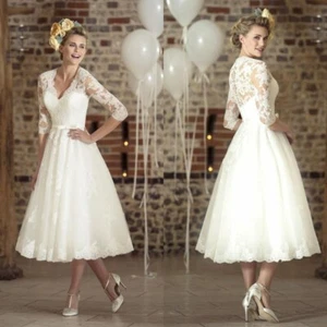 Elegant Wedding Dresses Lace Long Sleeve With Belt Tea Length A Line Bridal Gown - Picture 1 of 10