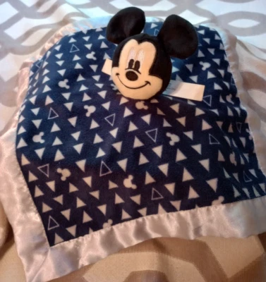 Disney Baby Mickey Mouse 1974 Security Blanket Lovey Rattle Blue Gray Triangles - Image 1 of 4
