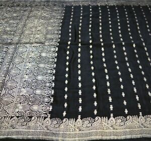Vintage Heavy Saree Pure Satin Silk Black saree Banarasi Brocade Indian Sari