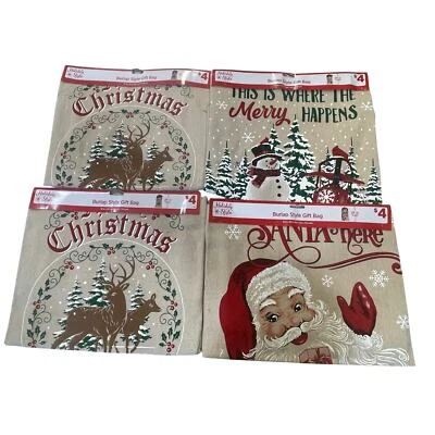 New 4 Pack Burlap Style Santa Sack Christmas Gift Bag Decoration Reindeer Snowmn - Image 1 of 4