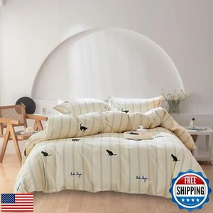 AOJIM Duvet Cover Set 100% Cotton, Striped Comforter Cover Set with Cute Cat - Picture 1 of 5
