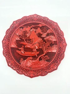 Vintage chinesischer dekorativer, geschnitzter roter Zinnoberteller - Bild 1 von 6