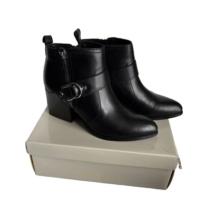 Marc Fisher Victa Black Leather Boots Harness Buckle Block Heel Ankle Size 9 NIB - Image 1 of 4