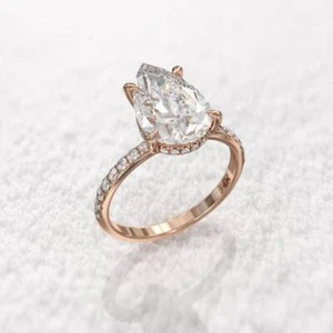 Hidden halo engagement ring 2 ct pear & round cut moissanite ring 14k rose gold - Picture 1 of 7