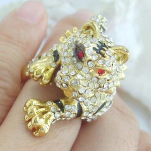 Unique Golden Tone Cocktail Tiger Ring Clear Rhinestone Crystal CR490C2 - Picture 1 of 6