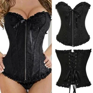 Women Lace Up Boned Bustier Corset Overbust Burlesque Top Waist Cincher Lingerie - Picture 1 of 41