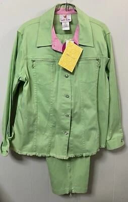 Quacker Factory Women's Green Pink Cuff Pant Suit 2 Pc w/Rhinestones Size L NWT - Image 1 of 4
