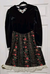 Girl's Size XXL/18 Vintage Holiday/Pageant Dress in Black Velvet & Cotton Print - Picture 1 of 8