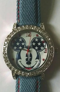 Mickey Mouse Watch Rhinestone Dial Blue Denim Band By Accutime, Patriotic Rare - Picture 1 of 4
