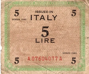 Allied Military Currency WWII Italy 5 Lire 1943 A076040077A - Picture 1 of 2