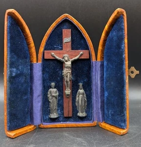 Leather Bound Antique Travel Triptych Crucifix Madonna Joseph, Blue Velvet AS IS - Picture 1 of 13