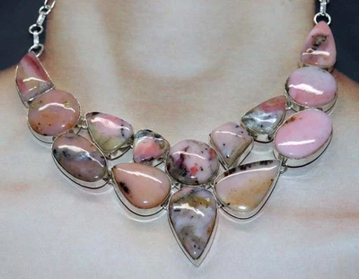 Big Cluster Peruvian Pink Opal 925 Silver Plated Gemstone Necklace 16" GW - Image 1 of 3