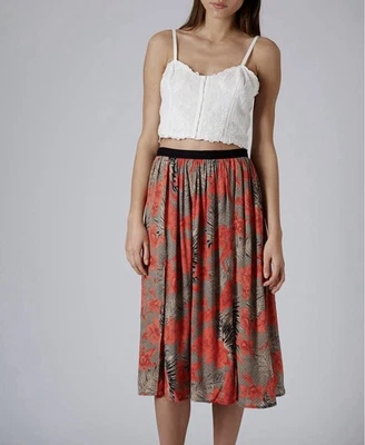 Topshop Floral Midi Skirt Size 2 Tan Red Boho Flowy Slit Cottagecore NWT - Image 1 of 4