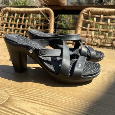 Crocs Cyprus IV Women's Sz 9w Black Slides Sandals High Block Slip On Heel 14558 - Image 1 of 4