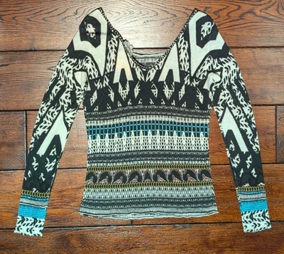 Top de algodón acanalado Etro Milano L/S con cuello redondo ancho estampado tribal - 42/M - Nuevo con etiquetas Foto 1 de 4