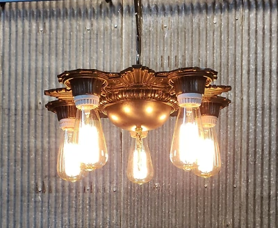 Полностью восстановленная люстра в стиле ар-деко 5 ламп чугунная черная и серебристая #GA510 - Изображение 1 из 4