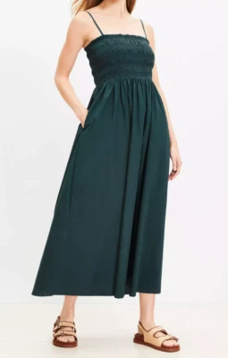 NEW ANN TAYLOR LOFT GREEN POPLIN SMOCKED STRAPPY POCKET MAXI DRESS SZ S - Изображение 1 из 4