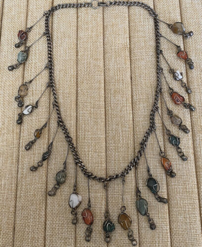 Artisan-Made Dangle Agate & Other Natural Gemstones Necklace One of a Kind 20”