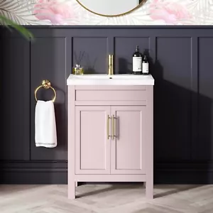 600mm Traditional Matt Pink Freestanding Vanity Unit with Basin Brass handles - Picture 1 of 10