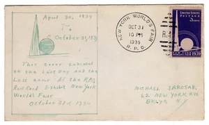 #853 NY World's Fair 1939 Last Day Exposition Cancel Hand-drawn Jarosak - Picture 1 of 2