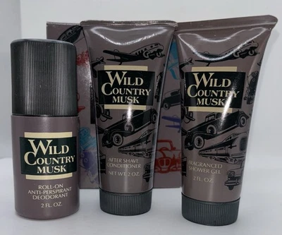 Gel de ducha Travel Size Avon Wild Country Musk, desodorante enrollable para después del afeitado 2 oz Foto 1 de 3