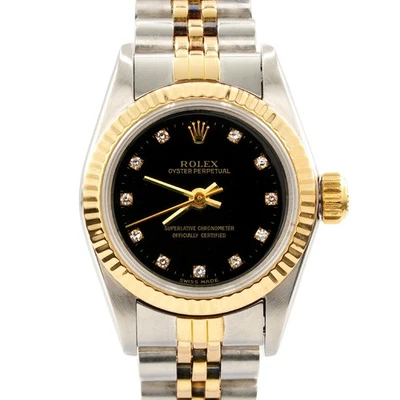 Ladies Rolex Two-Tone 18K/SS Oyster Perpetual Watch Black Diamond Dial 67193 - Image 1 of 4