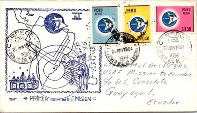 PERU 1964 POSTAL CACHET FDC COVER COMM STAMP SET ADDR ECUADOR CANC LIMA - Image 1 of 2