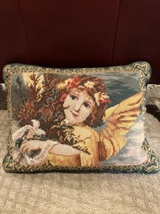Wool Needlepoint Petit Throw Pillow Velvet Floral Victorian Angel 16 X 12 - Picture 1 of 5