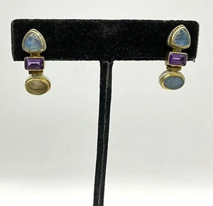 MIC10 Michou 925 Sterling Silver & 22k Vermeil W/ Multi Stones Dangle Earrings - Picture 1 of 8