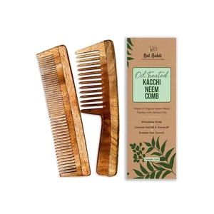Nat Habit Kacchi Neem Wooden Comb, Soaked In 13 Herbs Neem Combo Pack of 2 - Picture 1 of 7