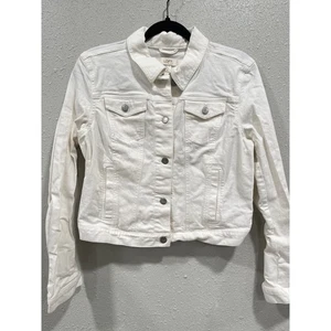 LOFT White Denim Jacket Women's Size Medium Cropped Trucker Style - Picture 1 of 6