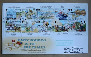 HAPPY HOLIDAYS 1994 ISLE OF MAN FDC SIGNED BY TV PRESENTER KATHY TAYLOR - Picture 1 of 2